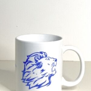 White Mug with Blue Lion Design